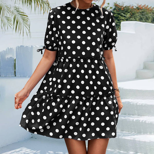 ROUND NECK BUBBLE SLEEVE STRAP DRESS_CWDSD2658