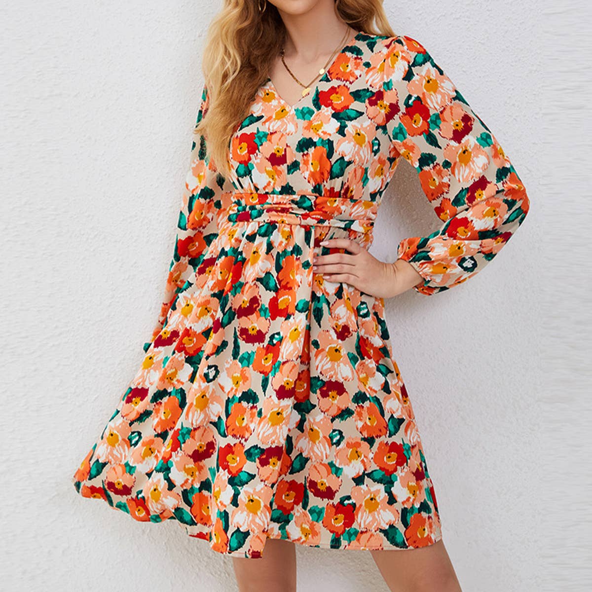 V Neck Floral Long Sleeve Dress with Waist Tie