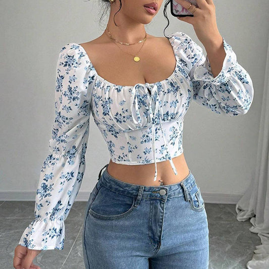Sweet Floral Puff Sleeve Square Neck Crop Top