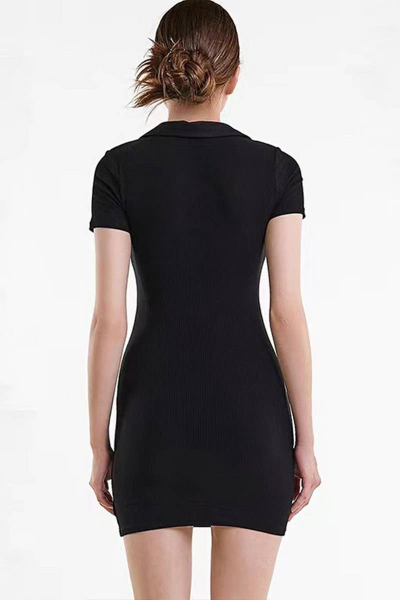 CWDSD7459_RIBBED DEEP V LAPEL SHORT SLEEVE BODYCON DRESS
