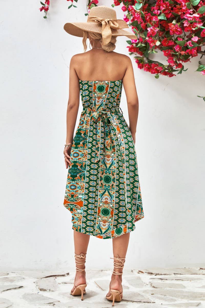 WOMEN FIT STRAPLESS PRINT DRESS_CWDSD2643