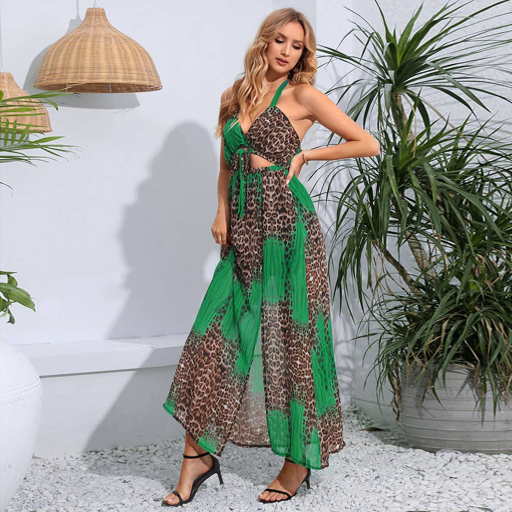 Leopard print backless chiffon boho dress