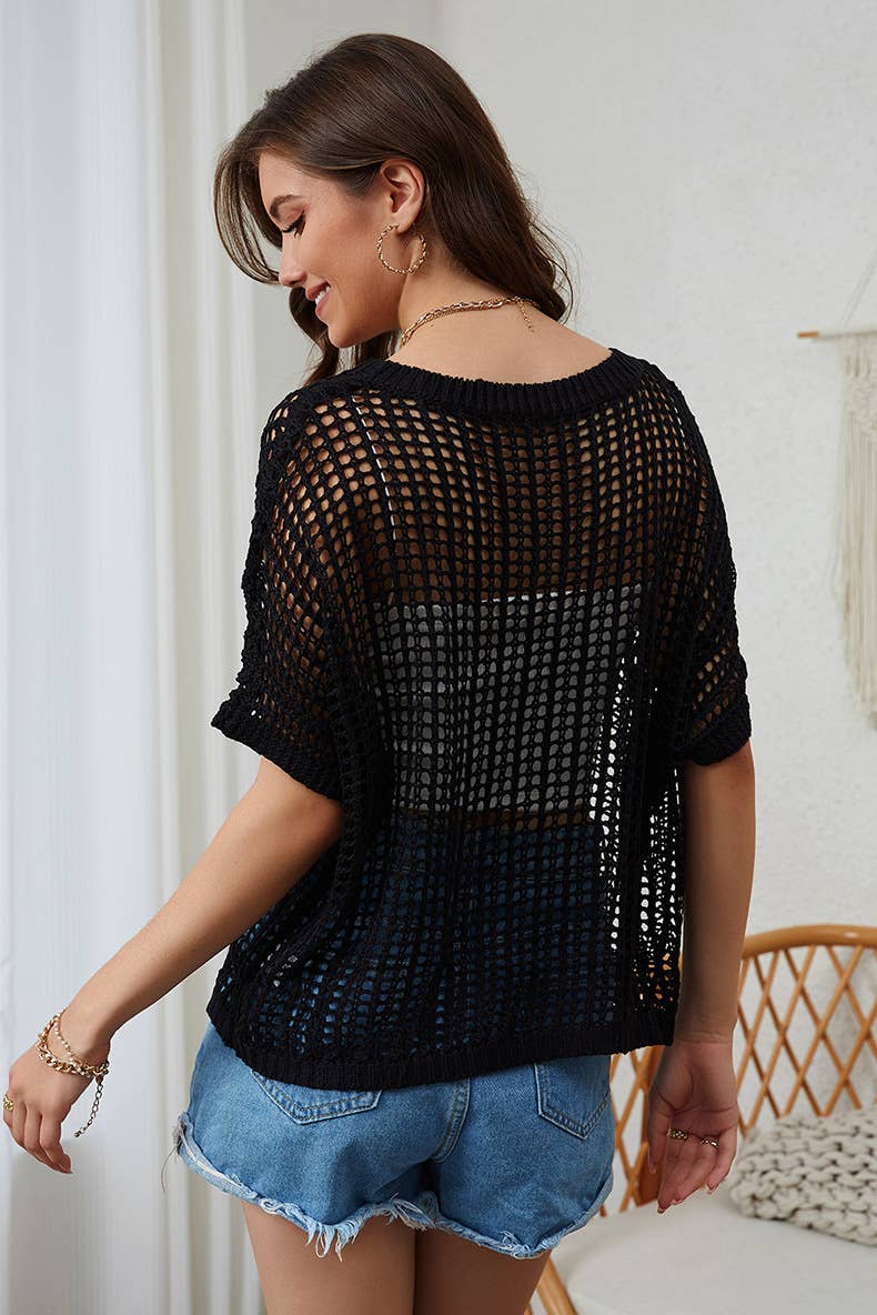 Fishnet knit ribbed crew neck short-sleeved smock
