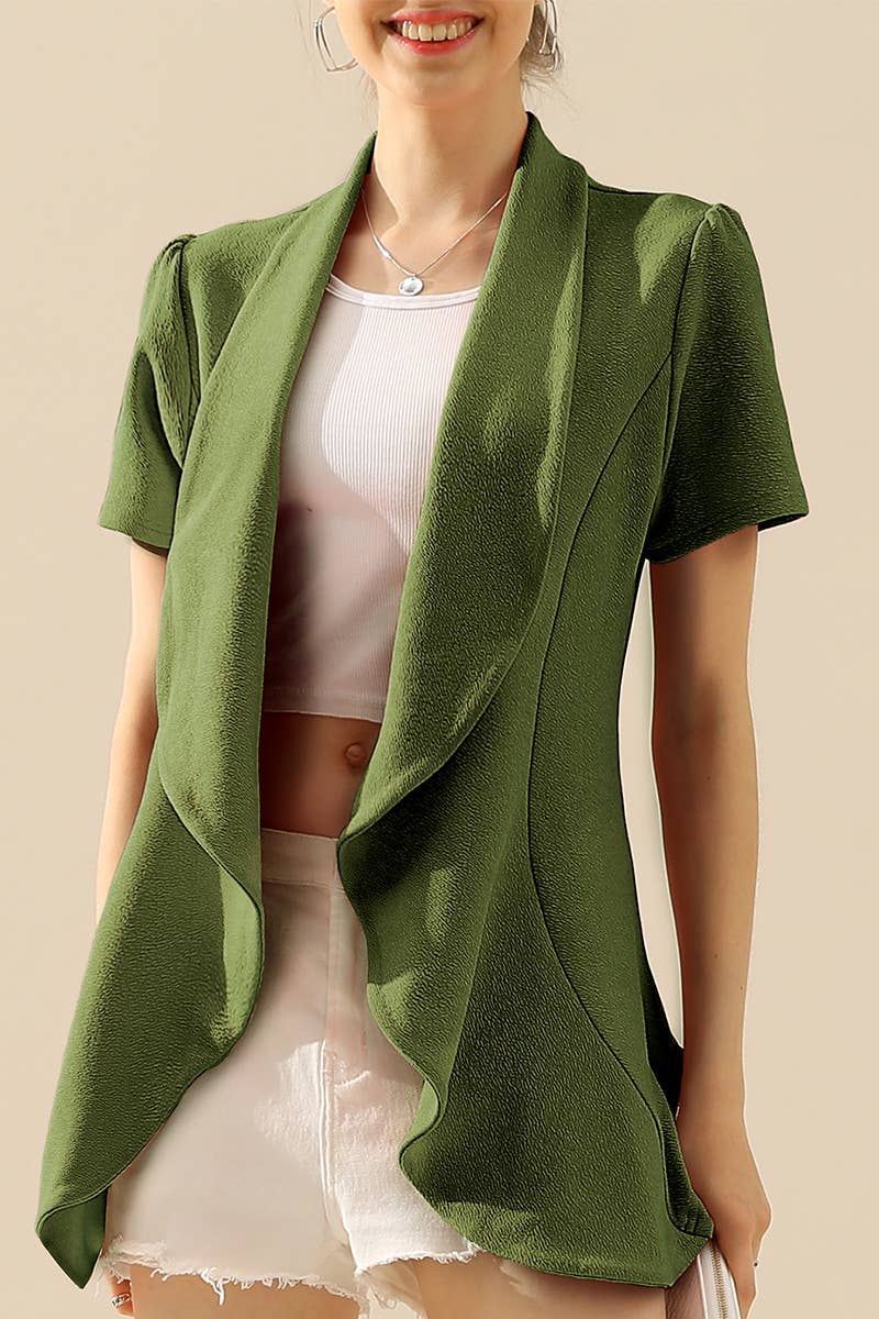 CWOBL095_Short Sleeve Open Front Draped Ruffles Blouses