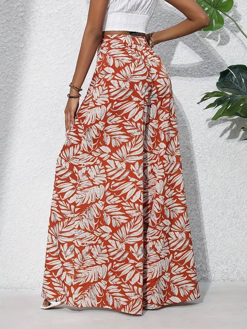 Plant-printed high-waisted wide-leg trousers