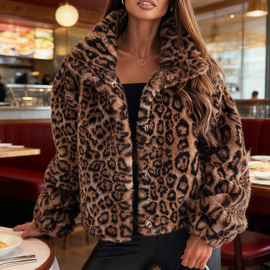 Leopard-print lapel and elegant plush short coat