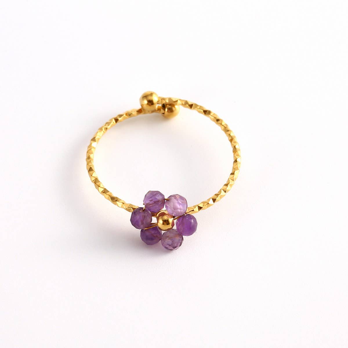 Adjustable Steel Ring with Gem Flower Design_CWMM8934