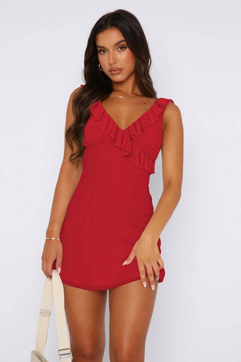CWDSD7270_V-NECK PLEATED RUFFLE SLEEVELESS DRESS
