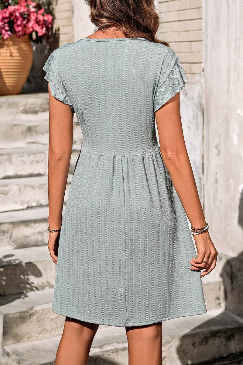 CWDSD6686_V-NECK BUTTON WAIST ELASTIC SHORT SLEEVE DRESS