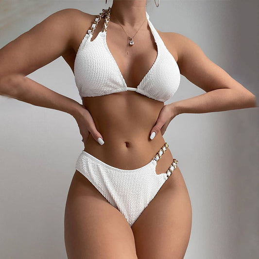 HALTERNECK CHAIN SPLIT 2-PIECE BIKINI SWIMSUIT