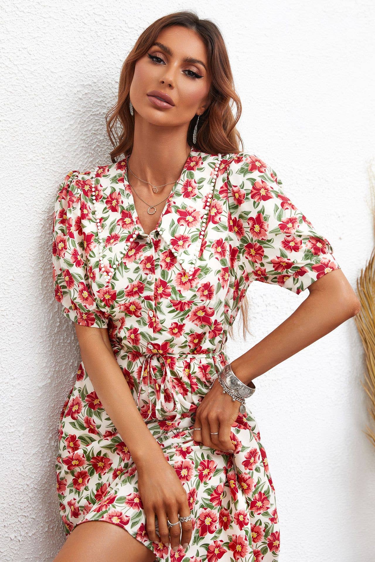 LAPEL FASHION PRINT WAIST DRAW-IN LONG DRESS