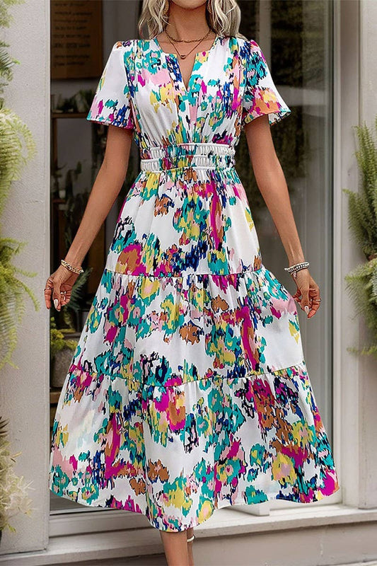 CWDMD4488_SUMMER V-NECK PRINTED MID-LENGTH DRESS FOR WOMEN