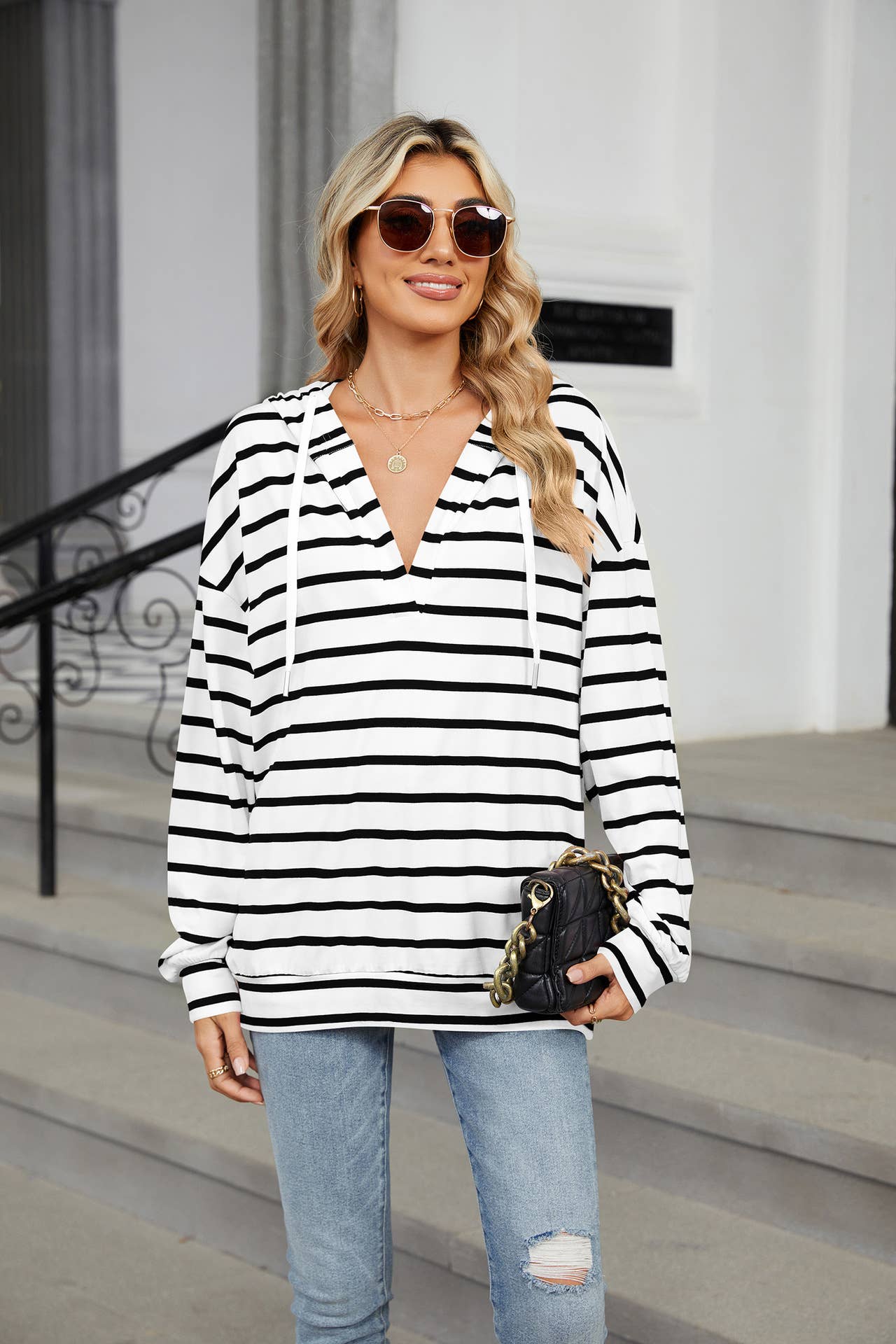 Striped V-neck hooded long-sleeved sweatshirt