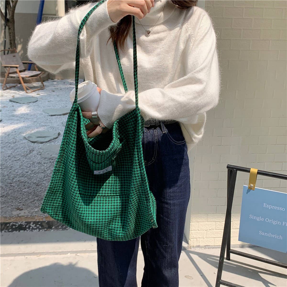 CWAB3906_HOUNDSTOOTH CANVAS SHOULDER TOTE BAG