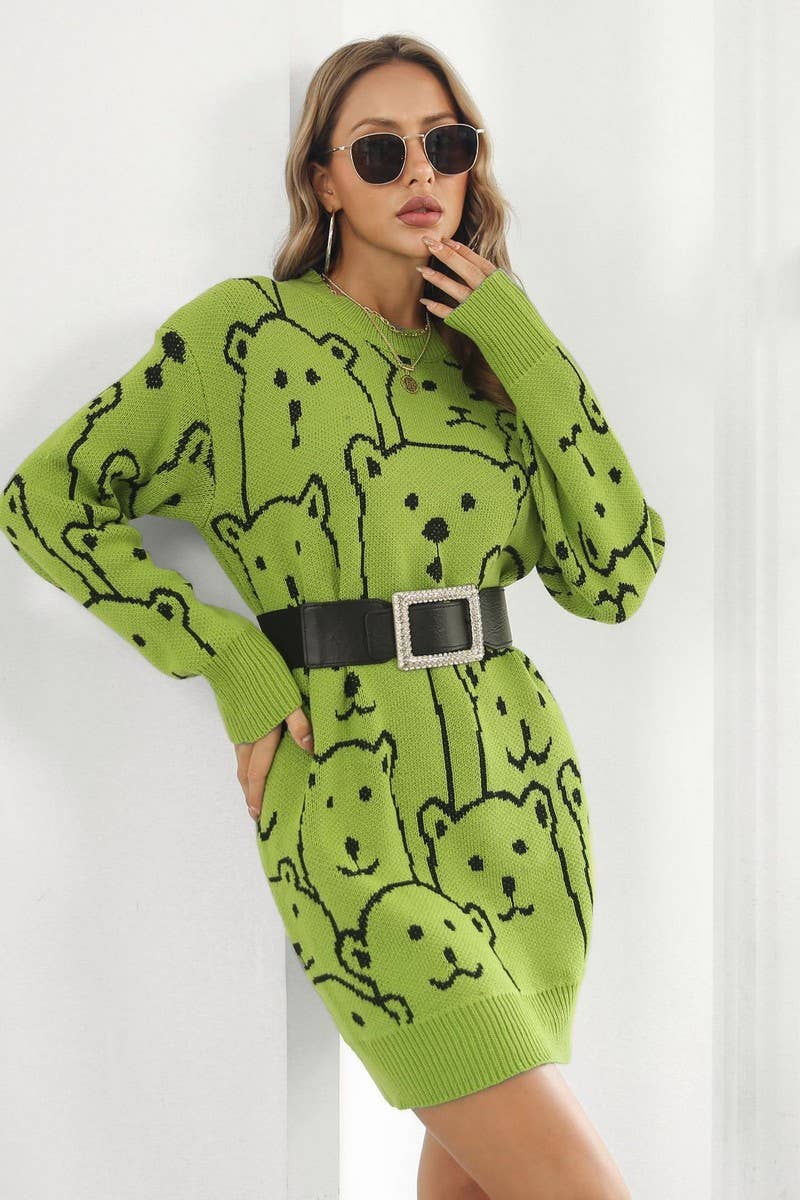 CWDSD7336_SWEET LOOSE BEAR JACQUARD KNITTED DRESS