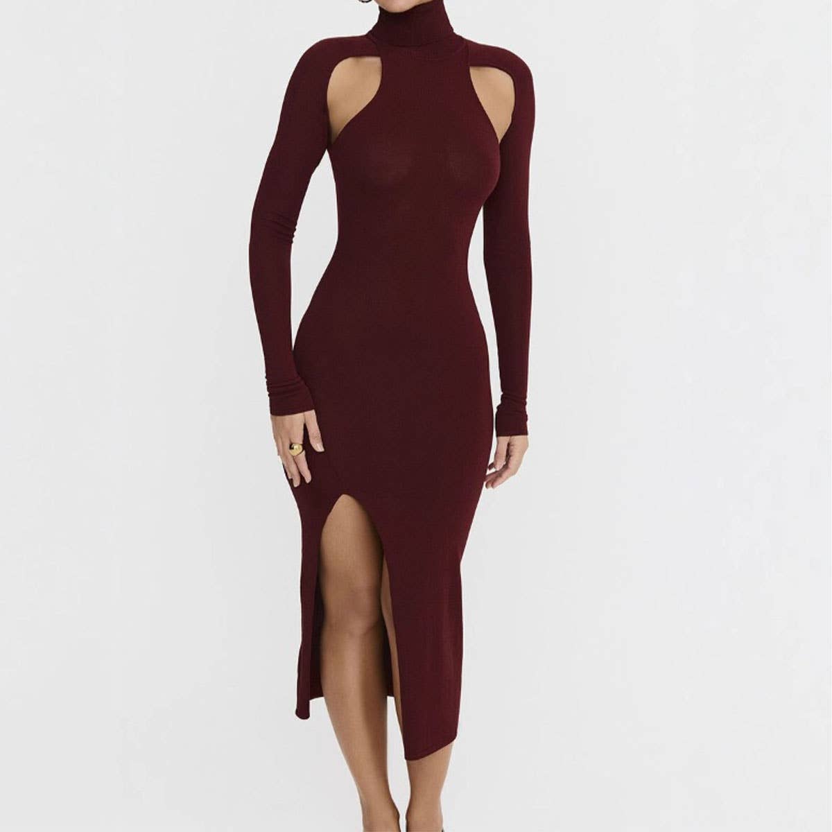 SEXY CUTOUT SLIM HIGH NECK SLIT MIDLENGTH DRESS
