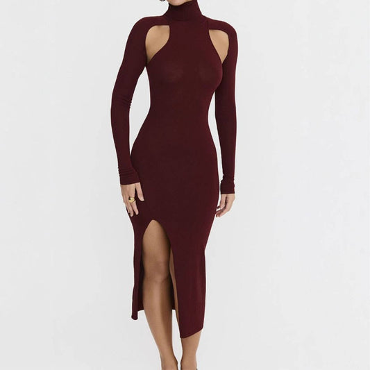 SEXY CUTOUT SLIM HIGH NECK SLIT MIDLENGTH DRESS