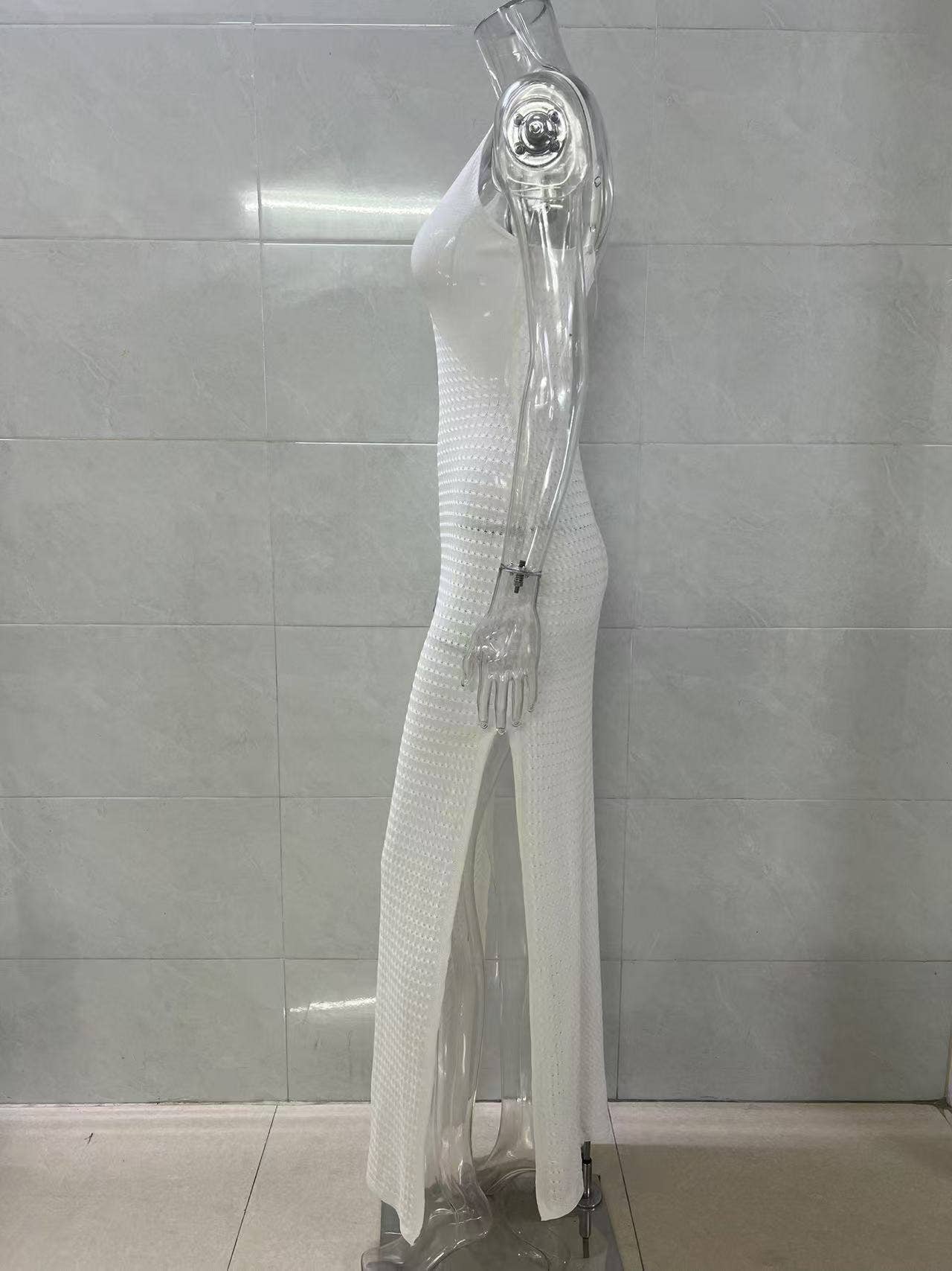 Solid-color high-slit cutout halter dress