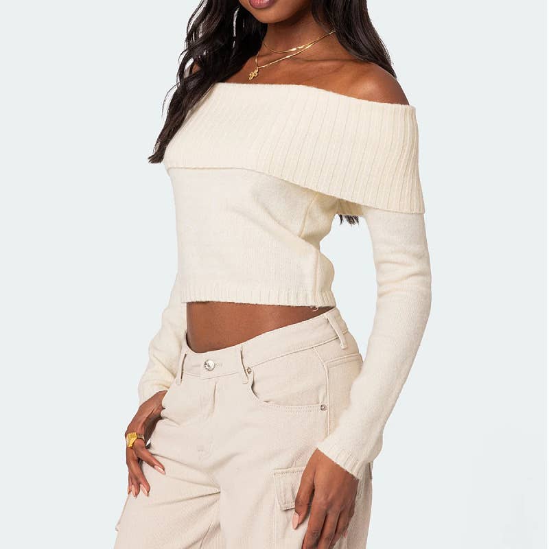Solid-colored one-shoulder long-sleeved sweater
