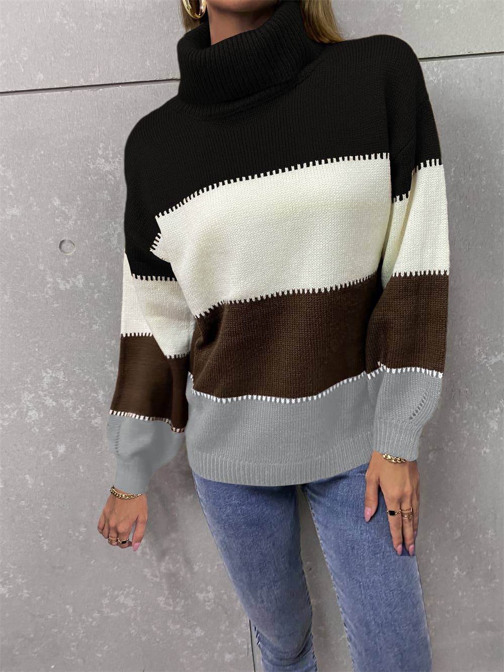 Turtleneck patchwork fashion knit long-sleeved sweater