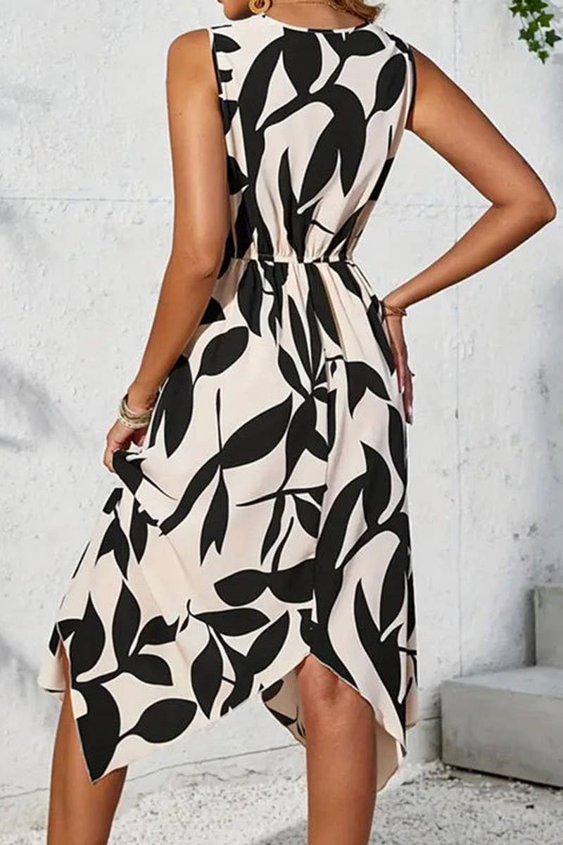 CWDSD3740_LEAF PRINT KINK IRREGULAR MIDI DRESS