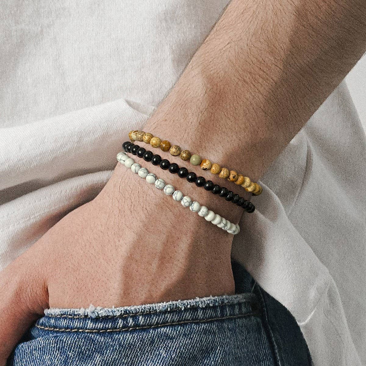 CWAJE4219_VINTAGE NATURAL STONE 4MM BEAD SET BRACELET