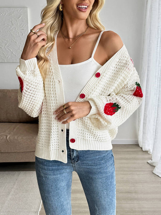 Versatile strawberry jacquard loose cardigan