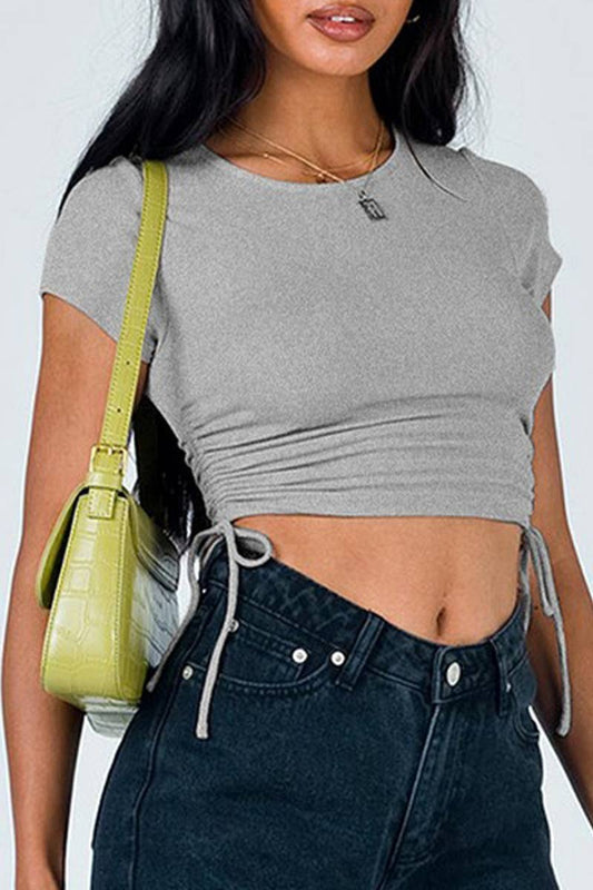 ROUND NECK DRAWSTRING SHORT SLEEVE RIB CROP TEE_CWTSTS0337