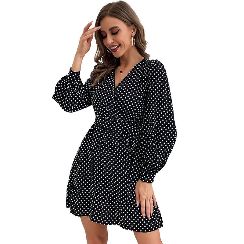 Polka dot style V-neck ruffled short dress