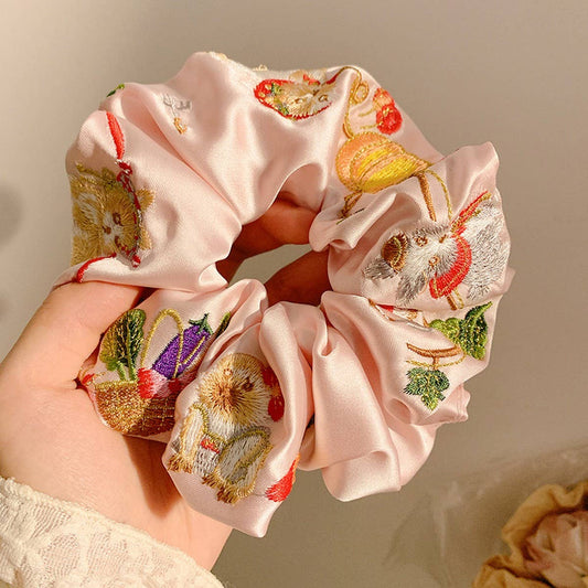 SATIN HEAVY EMBROIDERY LARGE INTESTINE HAIR TIE