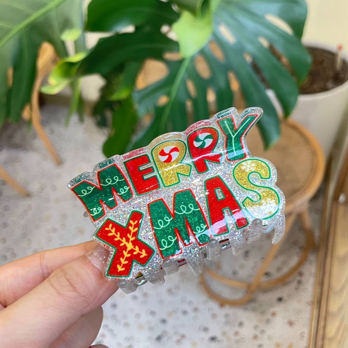 Christmas Hair Claw - Santa Bell Gift House Clip