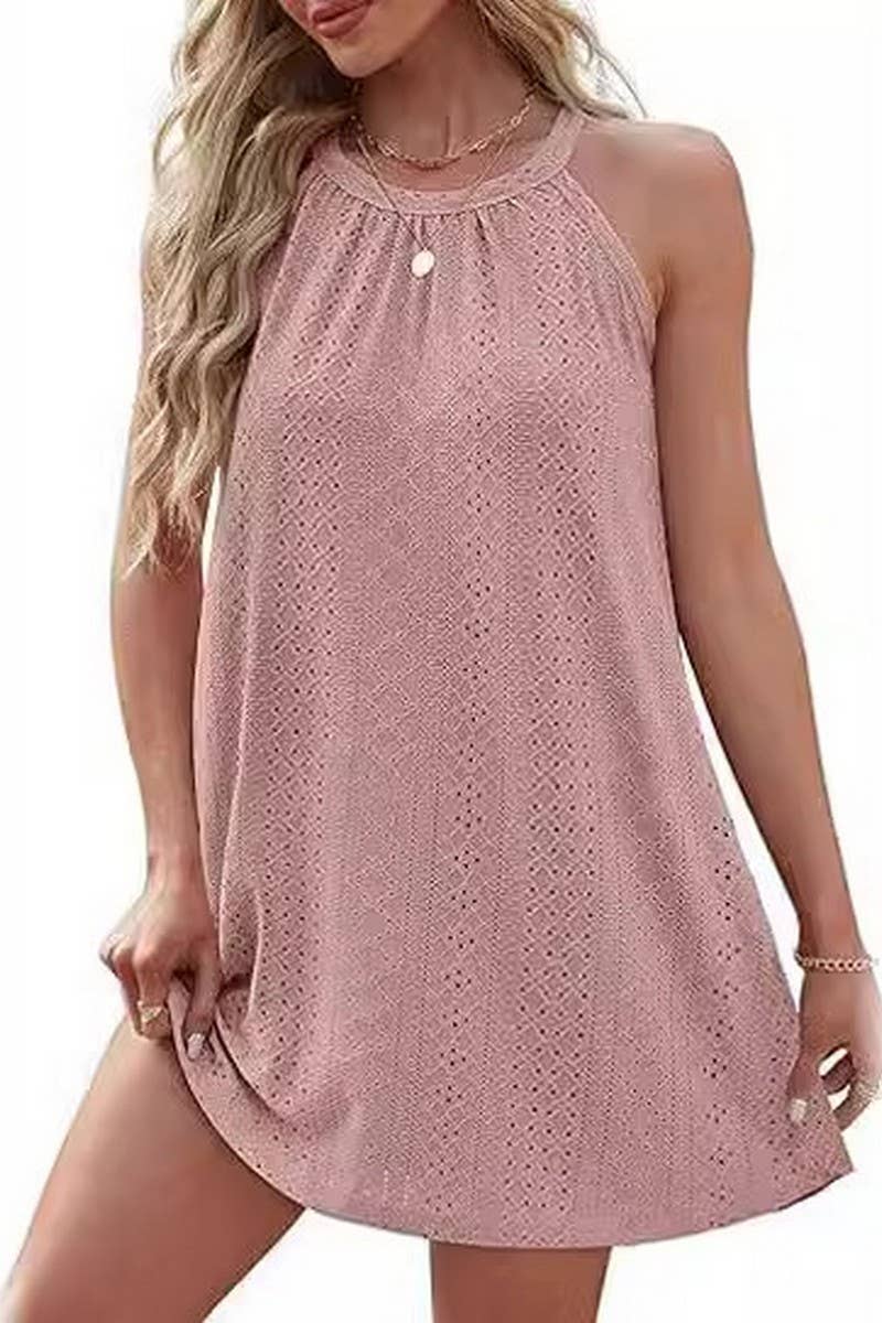 CWDHL0335_HALTERNECK SLEEVELESS SOLID COLOR TANK DRESS
