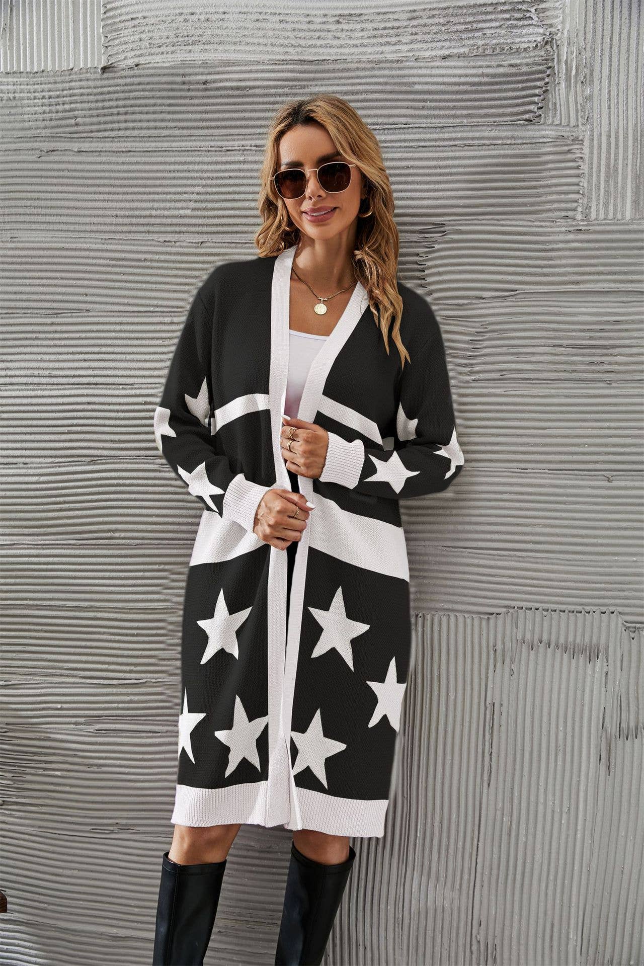 Five-pointed star long printed knitted coat for women