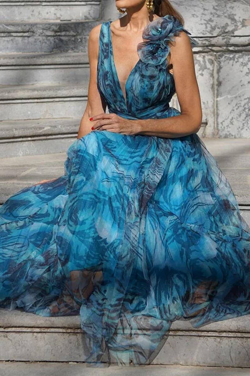 CWDMD5416_V-NECK SLEEVELESS BOHEMIAN FLORAL  SWING DRESS