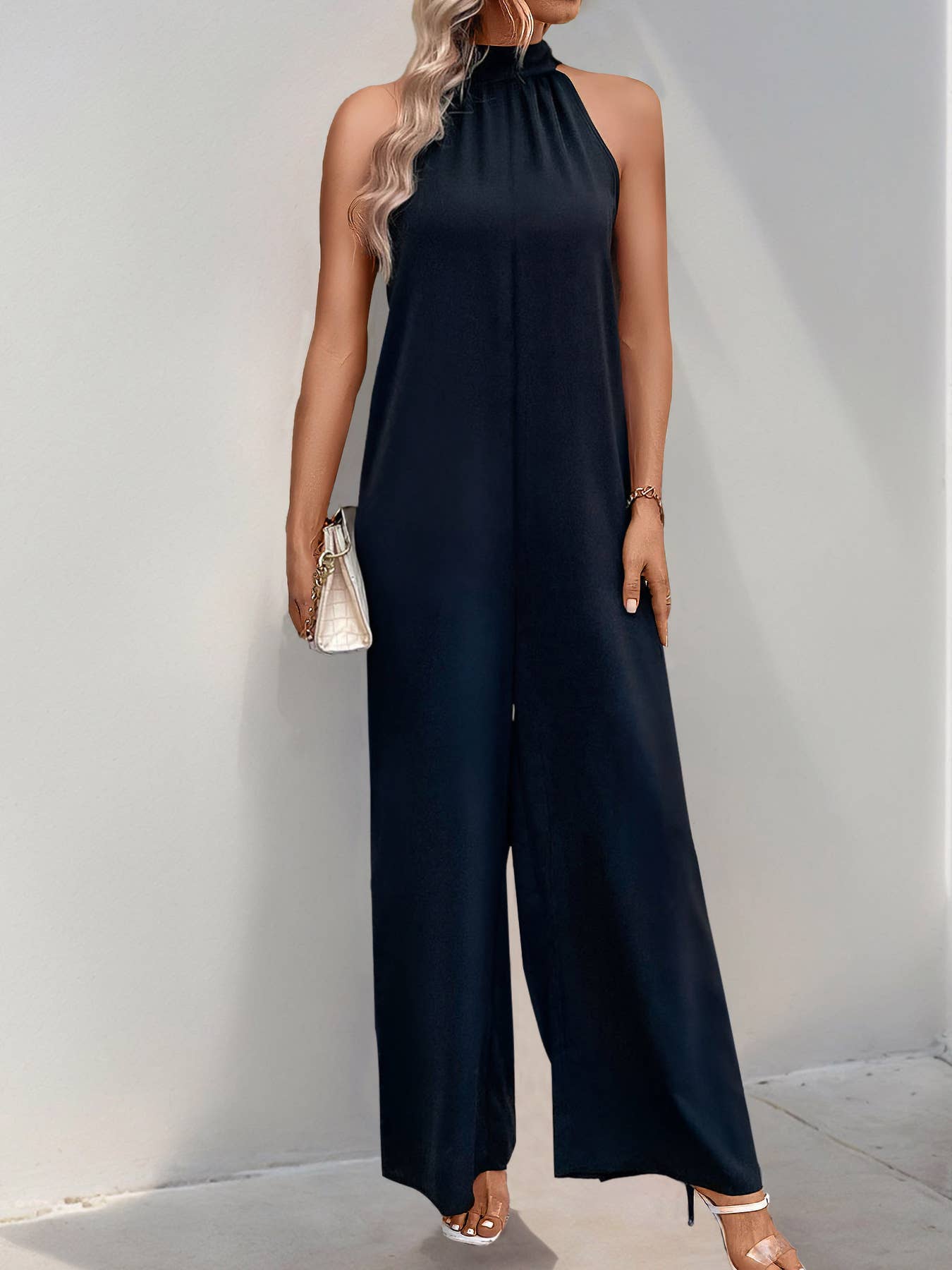 Solid color wide-leg romper with casual high neck