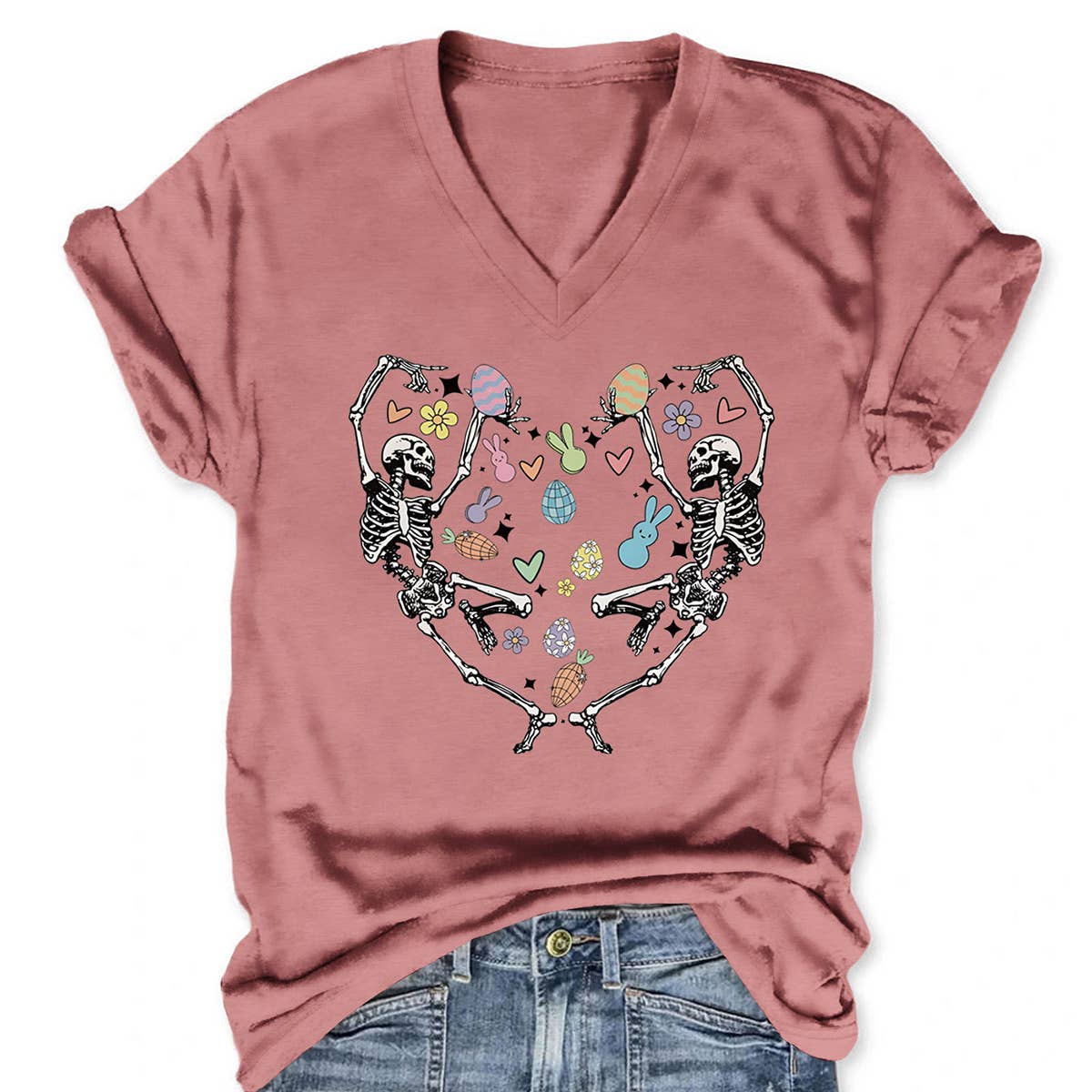 EASTER FUN PRINTED SKULL PERSONALITY VNECK TEES_CWTTS0868