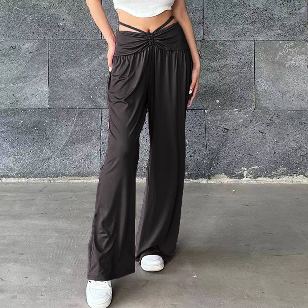 Pleated lace-up slacks Stretch wide-leg pants