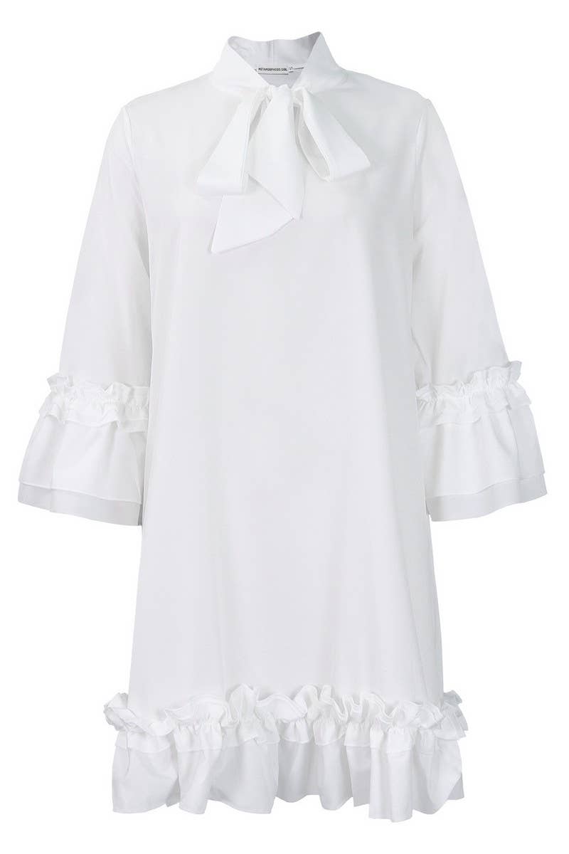 CWDSD10890_2025 PLUS SIZE WOMEN RUFFLE SLEEVE TIE WAIST DRES