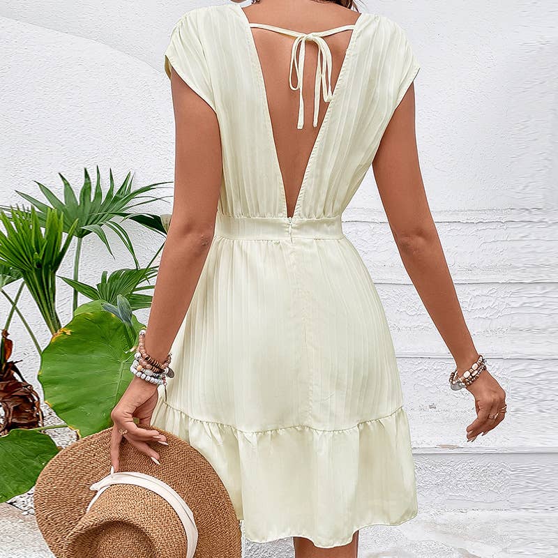 SLEEVELESS V-NECK WAISTLINE SOLID COLOR DRESS