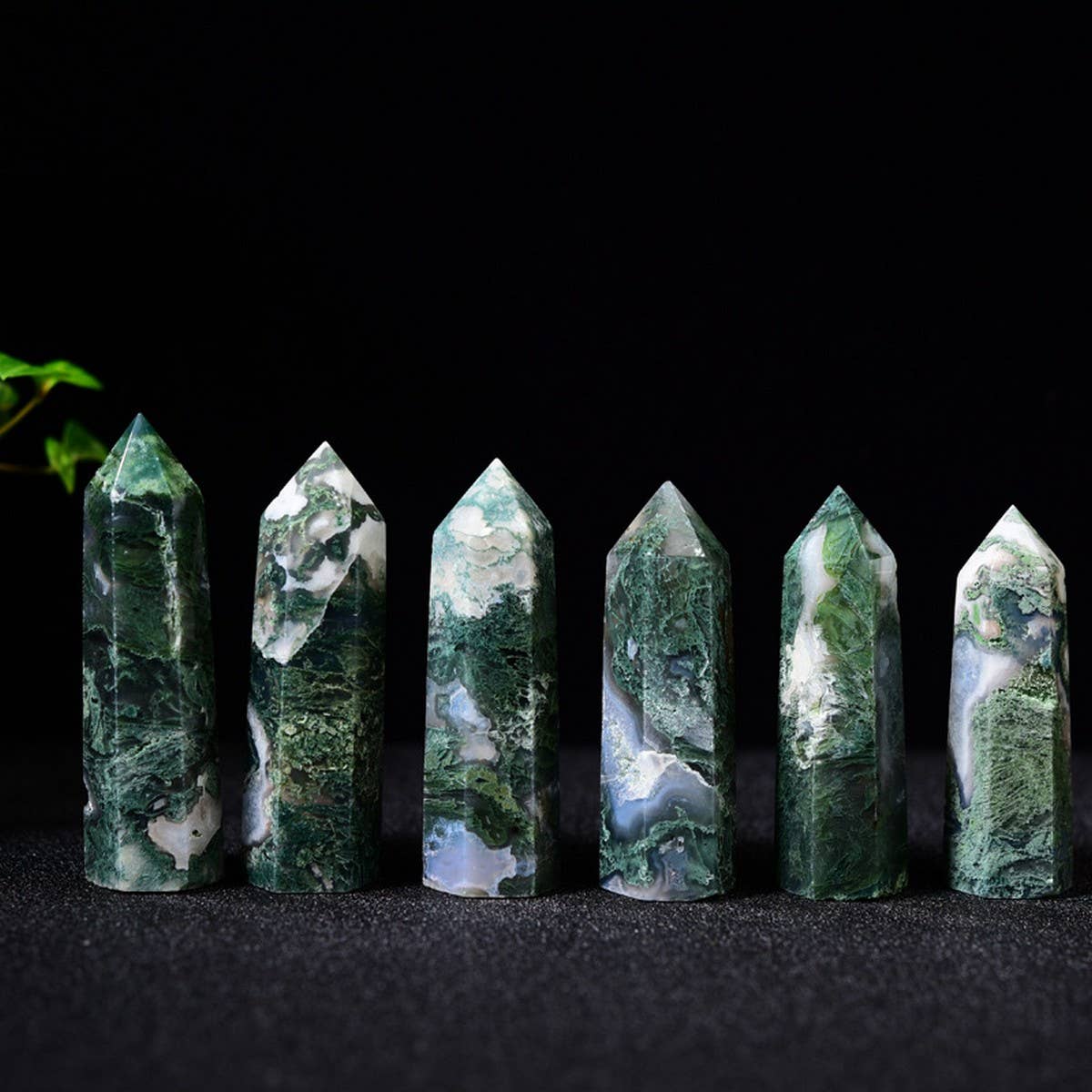 Natural Moss Agate Pointed Crystal Tower