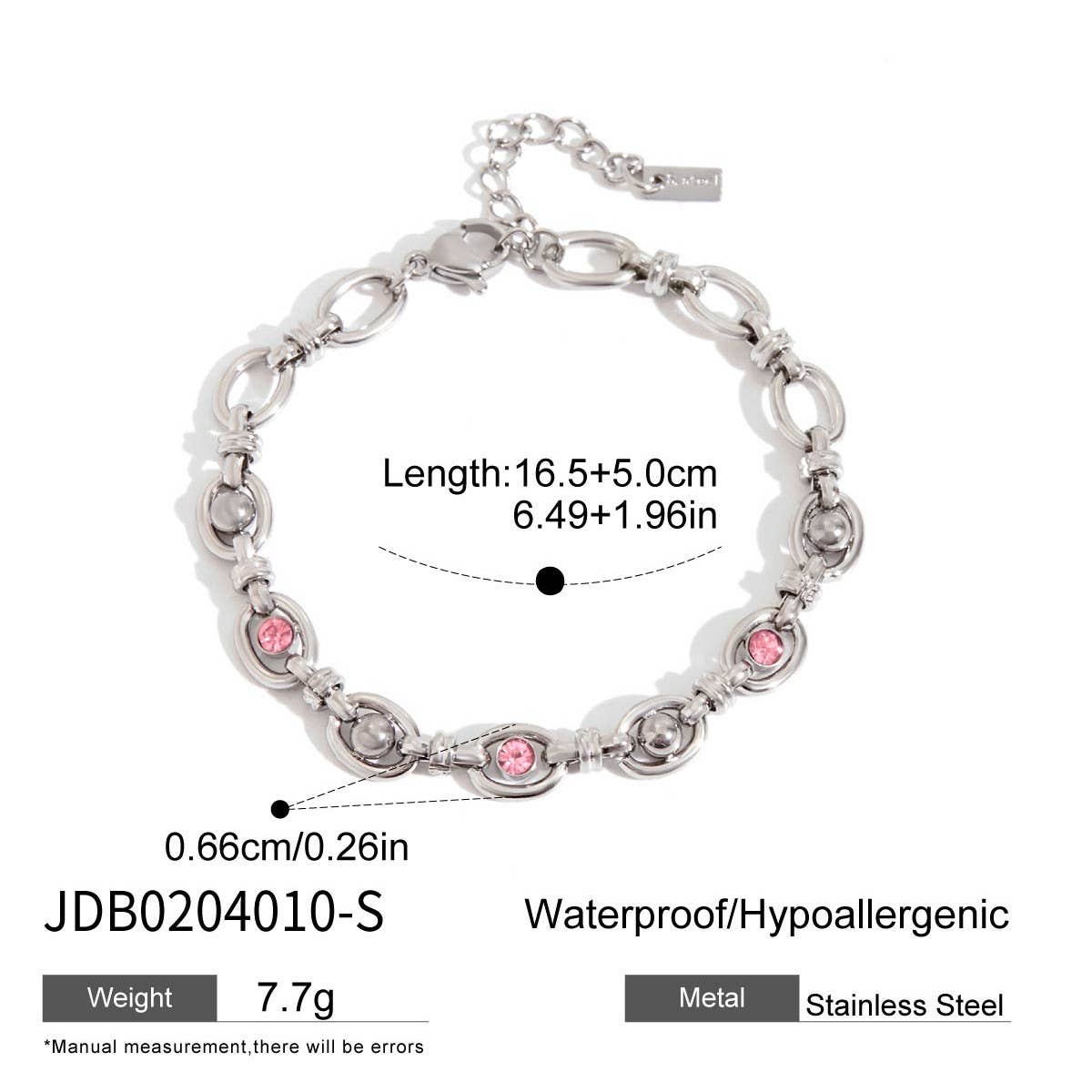 18K Gold Pink Zircon Round Chain Bracelet, Steel_CWAJE4678