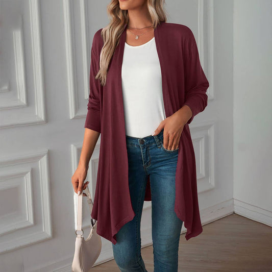 Solid-color,buttonless long-sleeved cardigan