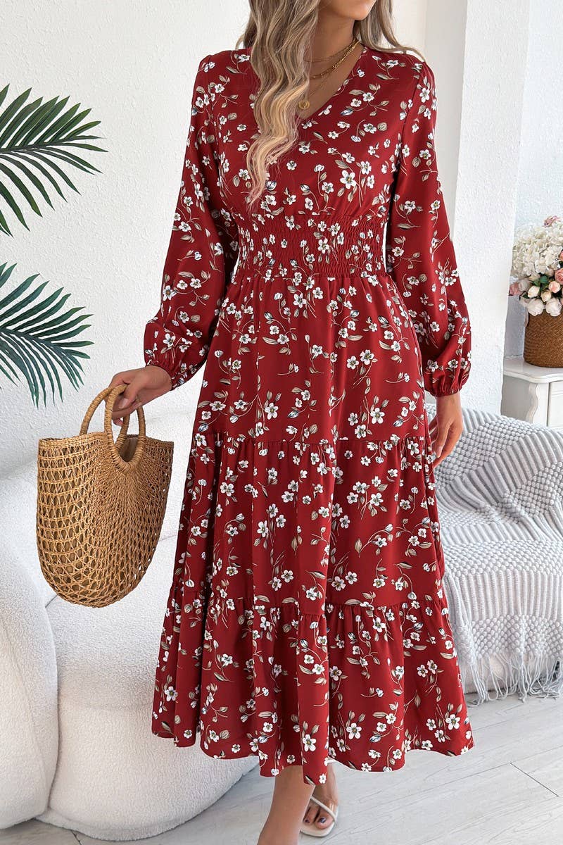 CWDMD6028_FLORAL V-NECK LONG SLEEVE RUFFLE WAIST DRESS