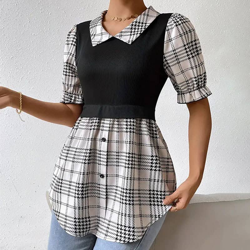Fake two puffed sleeve color patchwork blouse