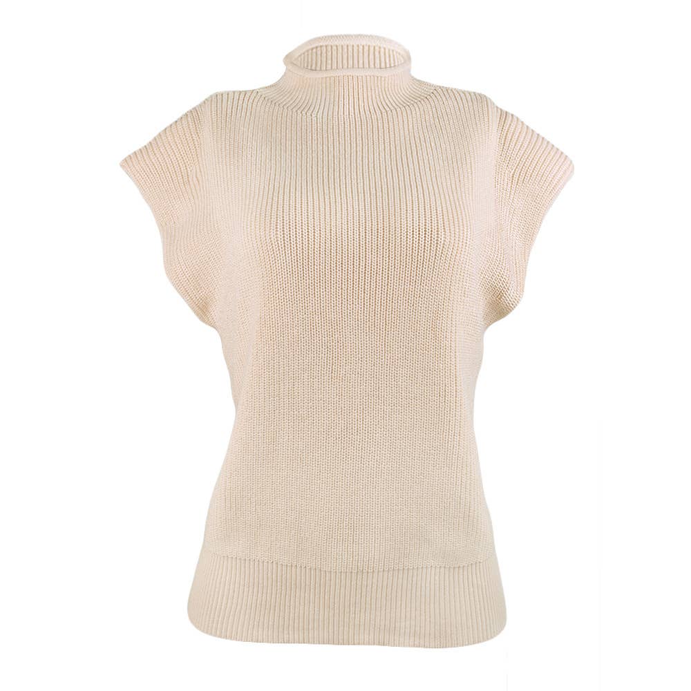 SOLID SLEEVELESS TURTLENECK SHOULDER PAD SWEATER
