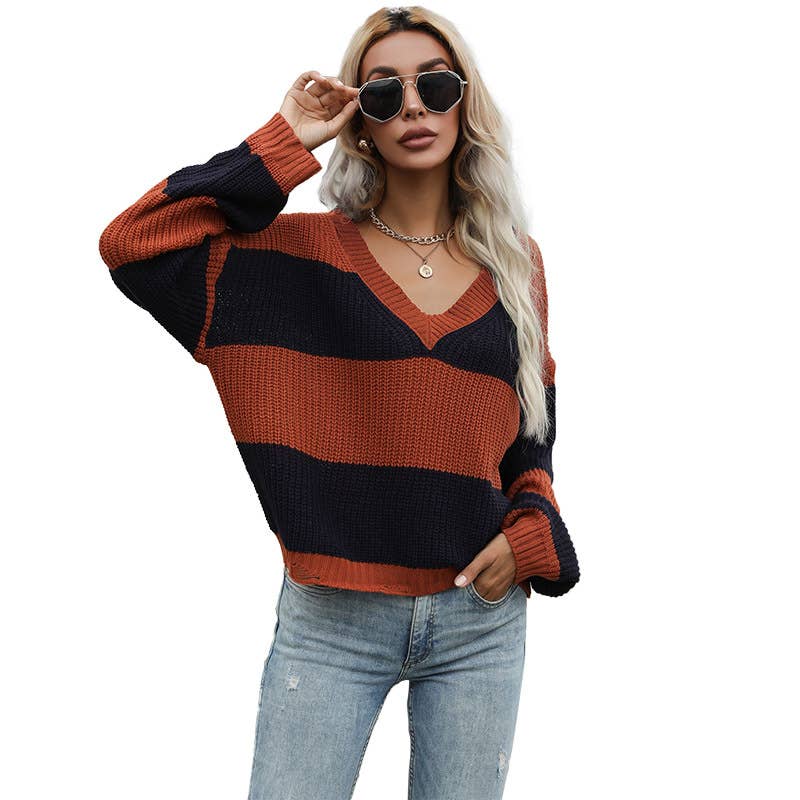 Trendy knitted color-blocked V-neck sweater
