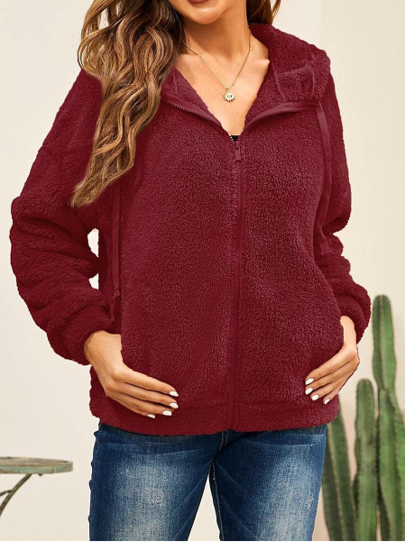 SOLID COLOR CASUAL PLUSH ZIPPER HOODED COAT