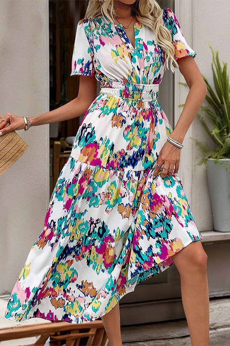 CWDMD4488_SUMMER V-NECK PRINTED MID-LENGTH DRESS FOR WOMEN