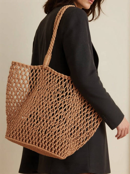 Woven Cotton Shoulder Beach Bag, Hollow Design_CWAB0809