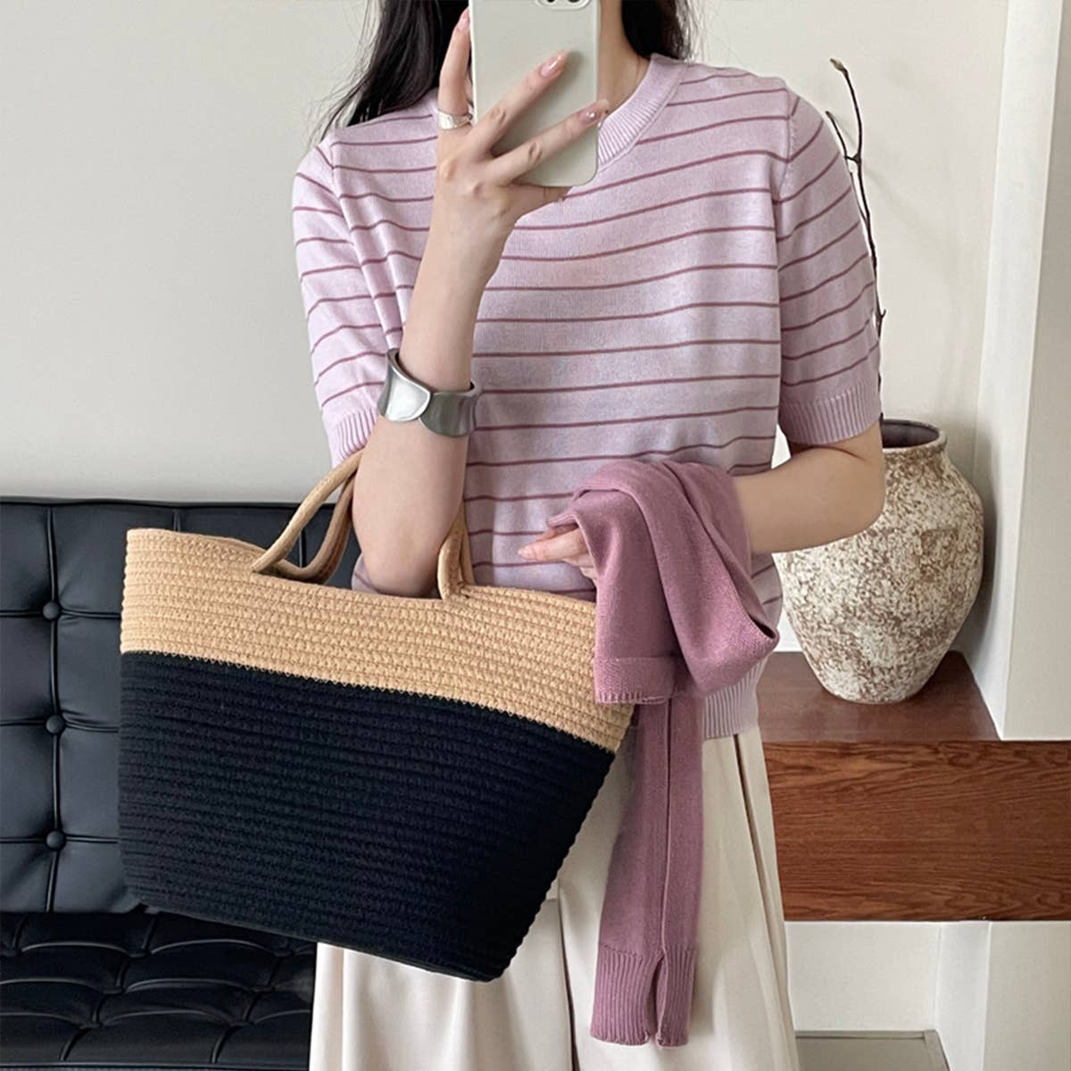Literary cape striped knitted blouse two-piece set